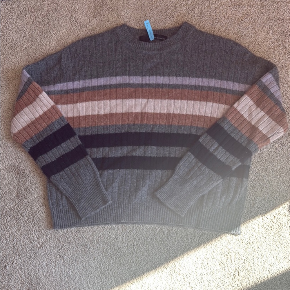 360 Cashmere Gray and Brown Striped Crewneck Sweater